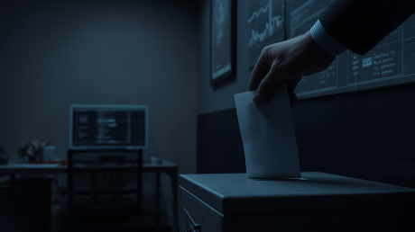 Eine Person wirft einen anonymen Hinweis in einen Briefkasten eines Hinweisgebersystems in einem Büroumfeld. Im Hintergrund sind Bildschirme mit Daten und Diagrammen zu sehen, die auf Compliance, Transparenz und digitale Sicherheit hinweisen. Das Bild symbolisiert die Bedeutung von Whistleblowing-Systemen für die frühzeitige Meldung von Missständen, den Schutz von Hinweisgebern und die Stärkung einer vertrauensvollen Unternehmenskultur.