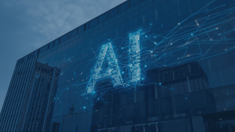 Digitale AI-Schriftzüge aus leuchtenden Schaltkreisen und Verbindungslinien schweben vor modernen Bürogebäuden – symbolisiert KI-Integration in Unternehmensstrukturen