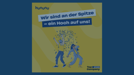 Illustration zur kununu-Auszeichnung „Top Company 2026“: Zwei stilisierte Mitarbeitende feiern unter Konfetti, darüber der Schriftzug „Wir sind an der Spitze – ein Hoch auf uns!“. Das Motiv steht für Teamgeist, Wertschätzung und audius als ausgezeichneten Top-Arbeitgeber.
