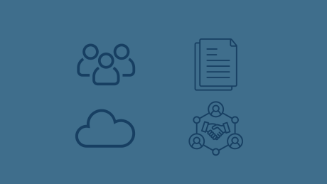 Grafische Darstellung moderner Zusammenarbeit in Microsoft 365: Symbole für Teamarbeit, Dokumente, Cloud-Speicher und vernetzte Partnerschaften stehen für die Kombination aus Teams, SharePoint und OneDrive – als zentrale Plattform für Kommunikation, strukturierte Projektarbeit, sichere Dateiablage und effiziente digitale Prozesse in hybriden Arbeitsumgebungen.