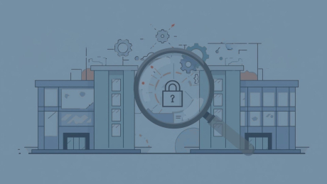 Illustration zur Operational Due Diligence und Unternehmensbewertung im Tech-M&A: Ein Vergößerungsglas fokussiert auf ein Schloss-Symbol in einem Gebäude, das für digitale Geschäftsmodelle und Tech-Start-ups steht. 